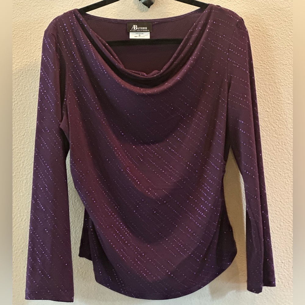 AB Studio Deep Purple Sparkle Cowl Neck Top